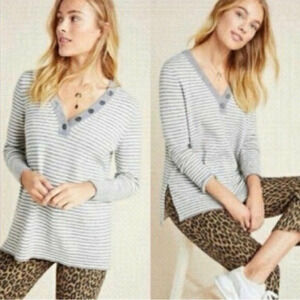ANTHROPOLOGIE Serena Gray Stripe V Neck Pullover Sweater